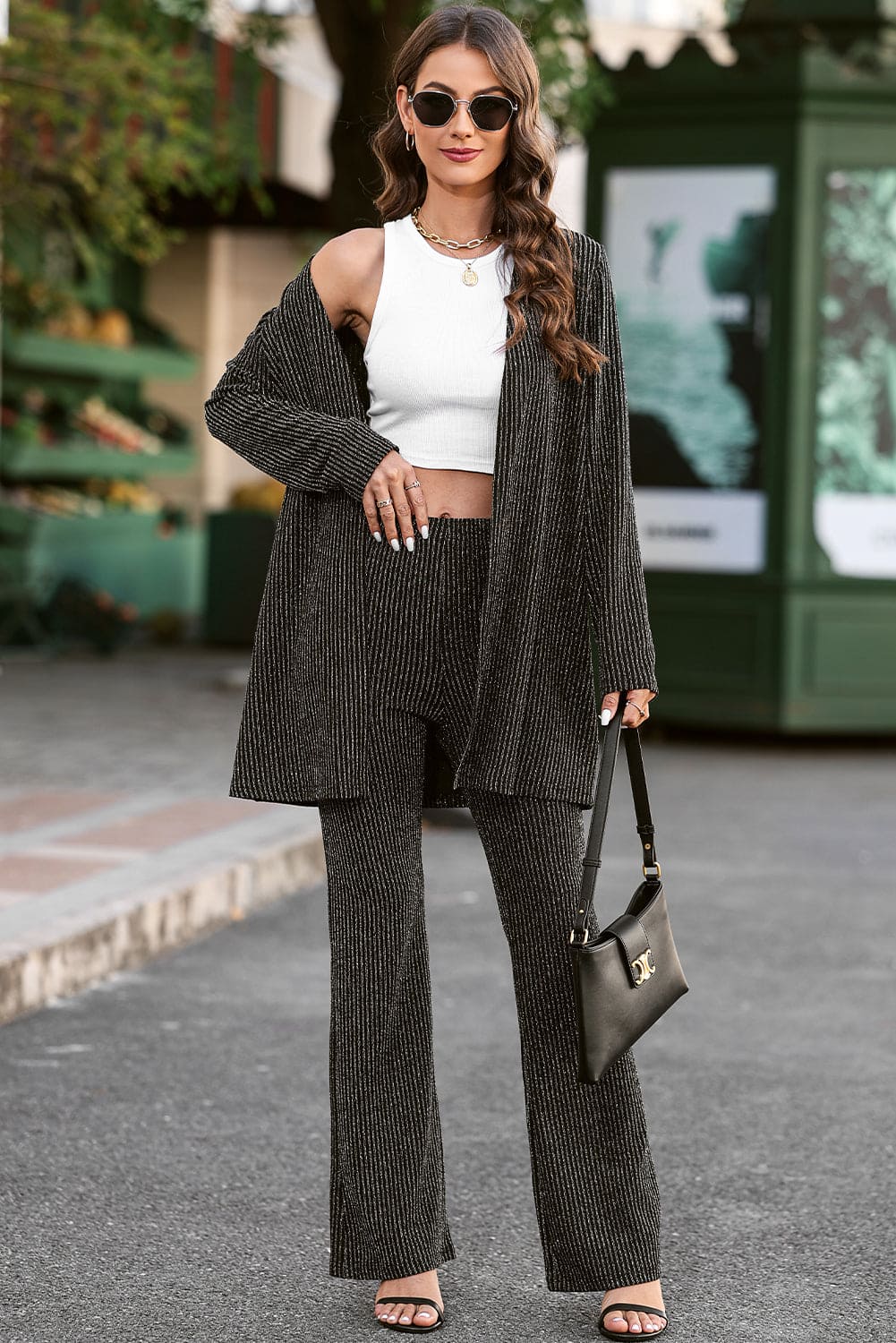 Black Metallic Ribbed Cardigan and Flare Pants Outfit Black S 65%Polyamide+30%Metallized fibres+5%Elastane Two Piece Sets by Fleurcouture | Fleurcouture