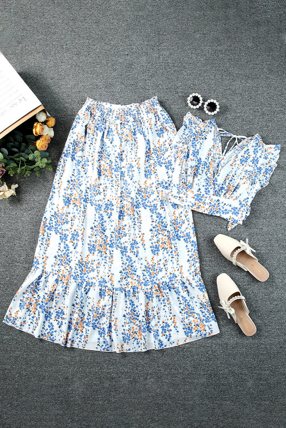 Black Multicolor Floral Ruffled Crop Top and Maxi Skirt Set 100%Polyester Two Piece Sets by Fleurcouture | Fleurcouture