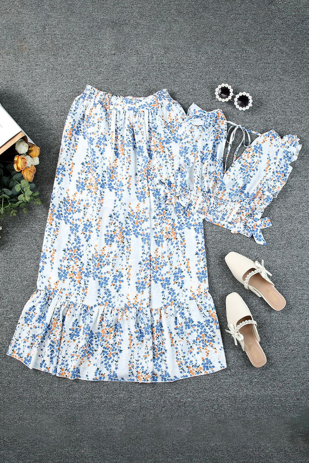 Black Multicolor Floral Ruffled Crop Top and Maxi Skirt Set 100%Polyester Two Piece Sets by Fleurcouture | Fleurcouture