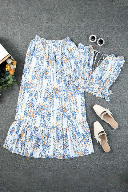 Black Multicolor Floral Ruffled Crop Top and Maxi Skirt Set 100%Polyester Two Piece Sets by Fleurcouture | Fleurcouture