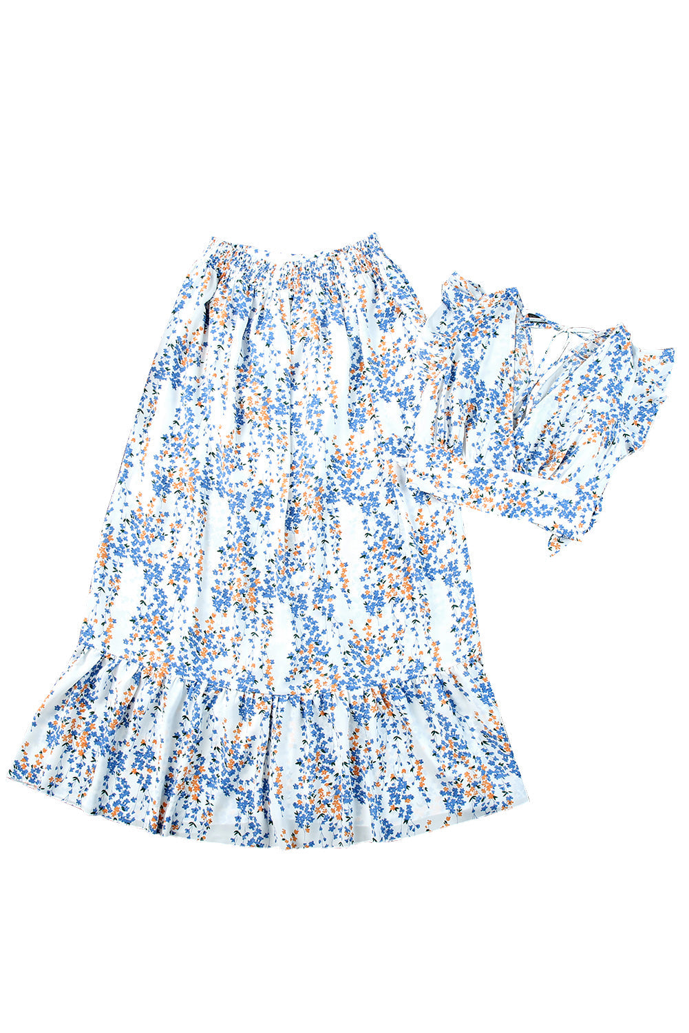 Black Multicolor Floral Ruffled Crop Top and Maxi Skirt Set 100%Polyester Two Piece Sets by Fleurcouture | Fleurcouture