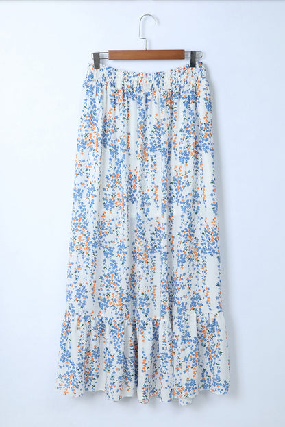 Black Multicolor Floral Ruffled Crop Top and Maxi Skirt Set 100%Polyester Two Piece Sets by Fleurcouture | Fleurcouture