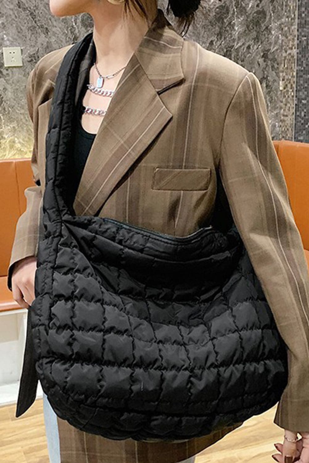 Black Quilted Zipper Large Shoulder Bag ONE SIZE 100%Polyester Shoes &amp; Bags by Fleurcouture | Fleurcouture