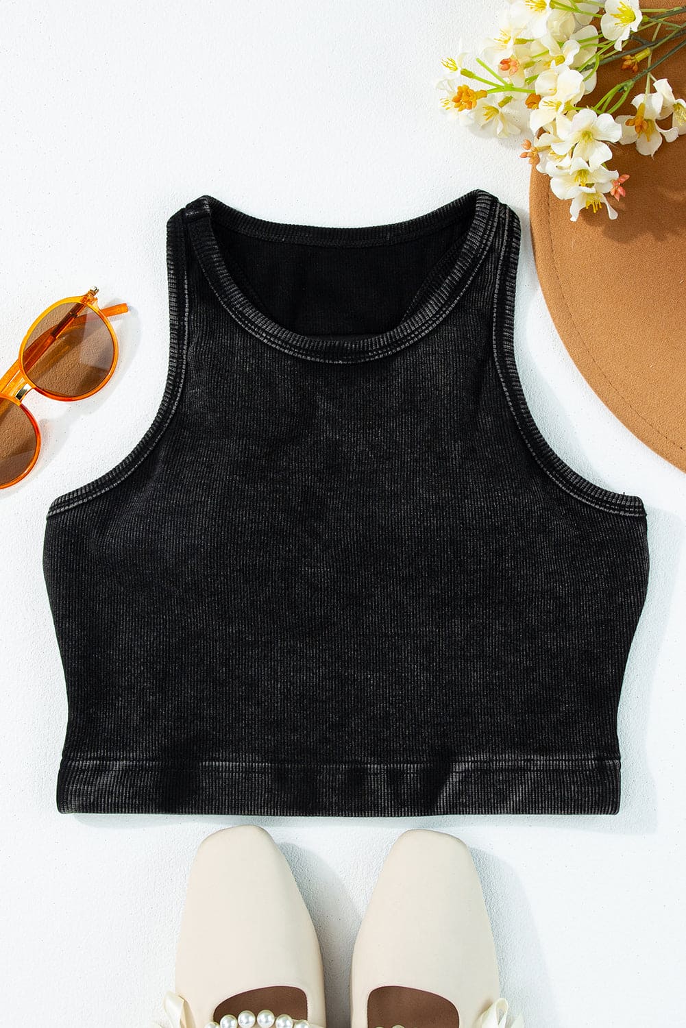Black Ribbed Mineral Wash Racerback Cropped Tank Top 98%Cotton+2%Elastane Tops by Fleurcouture | Fleurcouture