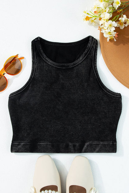 Black Ribbed Mineral Wash Racerback Cropped Tank Top 98%Cotton+2%Elastane Tops by Fleurcouture | Fleurcouture