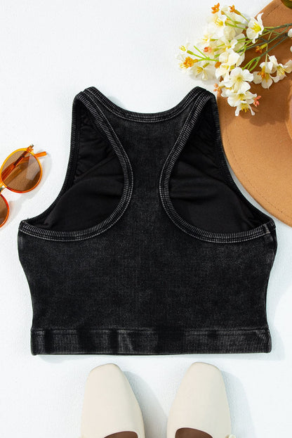 Black Ribbed Mineral Wash Racerback Cropped Tank Top 98%Cotton+2%Elastane Tops by Fleurcouture | Fleurcouture