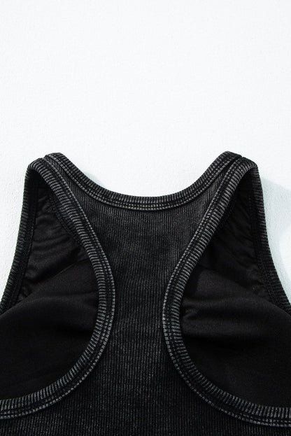Black Ribbed Mineral Wash Racerback Cropped Tank Top 98%Cotton+2%Elastane Tops by Fleurcouture | Fleurcouture