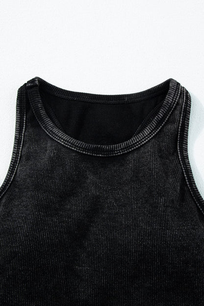 Black Ribbed Mineral Wash Racerback Cropped Tank Top 98%Cotton+2%Elastane Tops by Fleurcouture | Fleurcouture