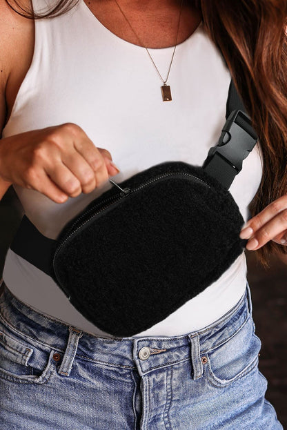 Black Sherpa Adjustable Strap Crossbody Bag ONE SIZE 100%Polyester Shoes &amp; Bags by Fleurcouture | Fleurcouture