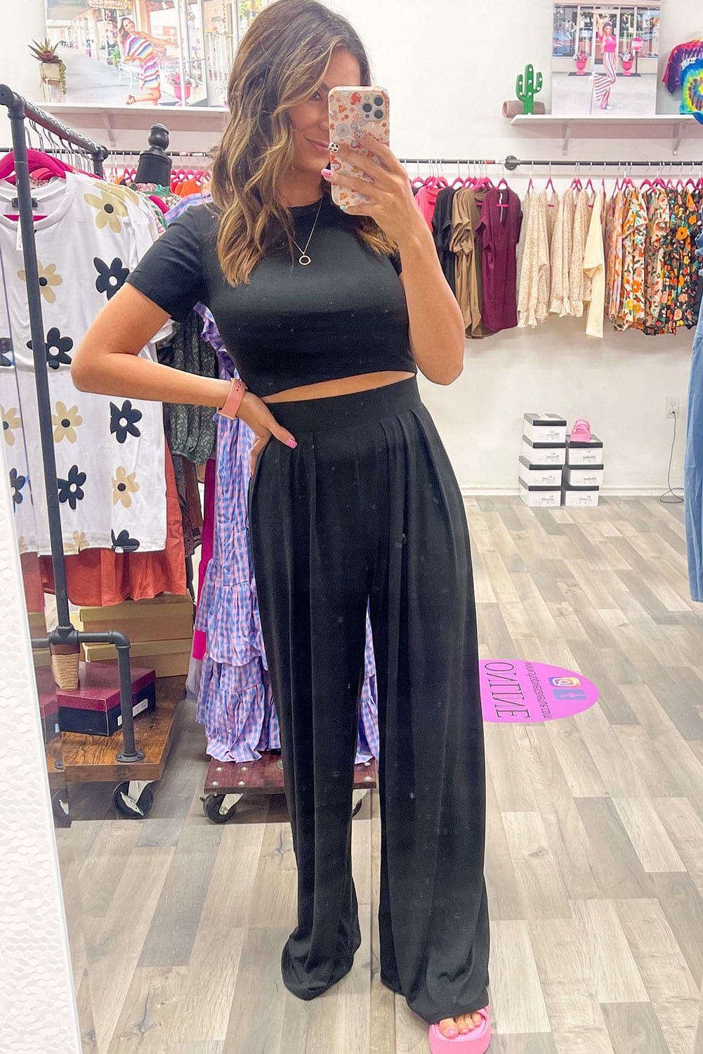 Black Slim Fit Crop Top and Pleated Wide Leg Pants Set 65%Polyester+30%Viscose+5%Elastane Loungewear by Fleurcouture | Fleurcouture