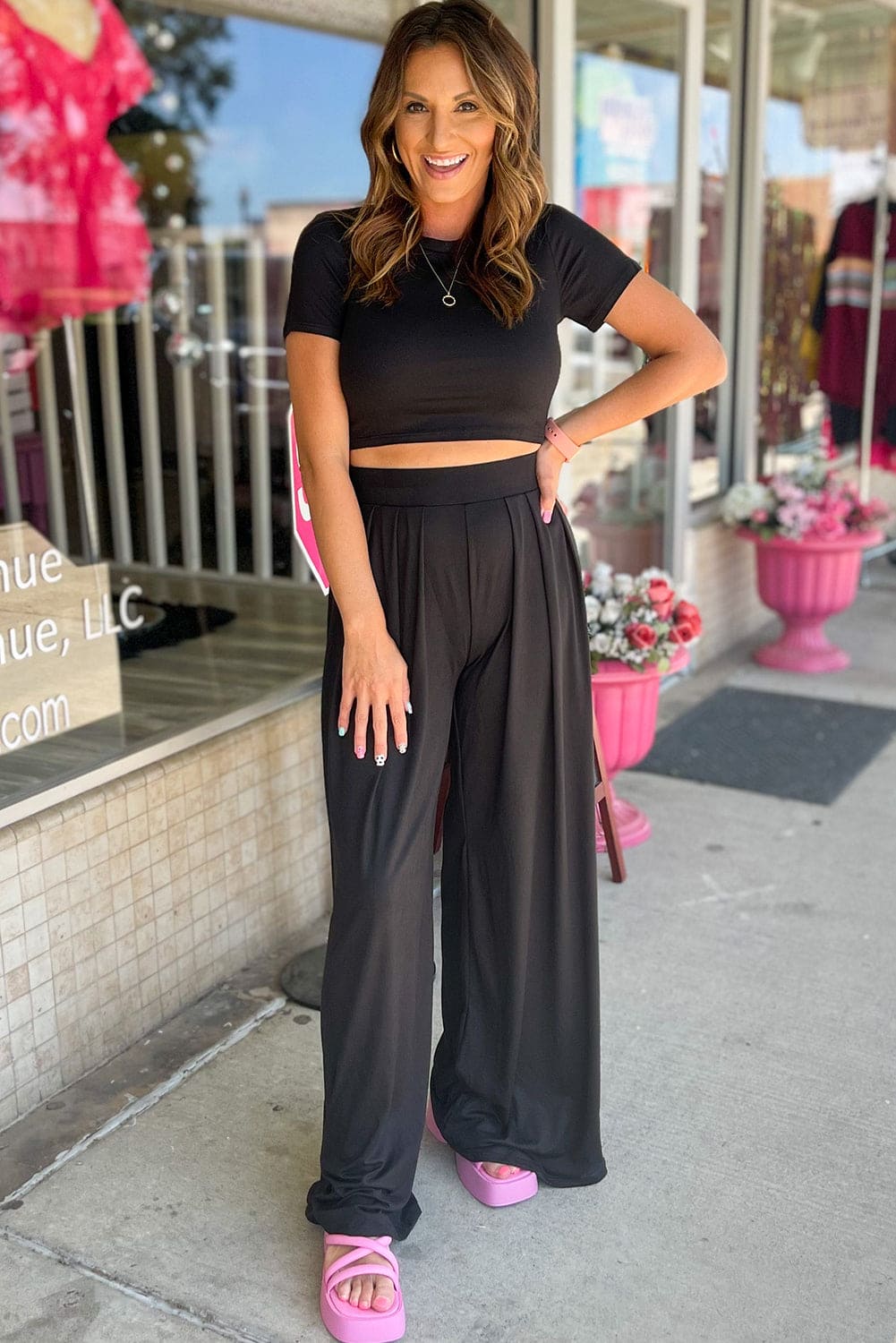 Black Slim Fit Crop Top and Pleated Wide Leg Pants Set 65%Polyester+30%Viscose+5%Elastane Loungewear by Fleurcouture | Fleurcouture