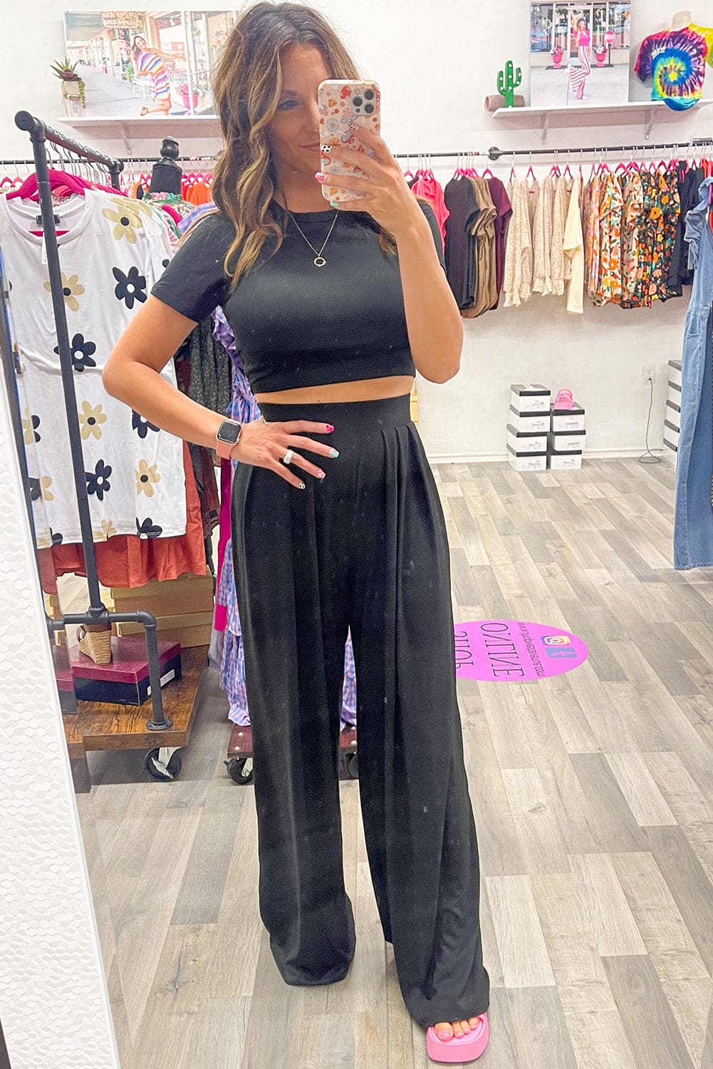 Black Slim Fit Crop Top and Pleated Wide Leg Pants Set 65%Polyester+30%Viscose+5%Elastane Loungewear by Fleurcouture | Fleurcouture