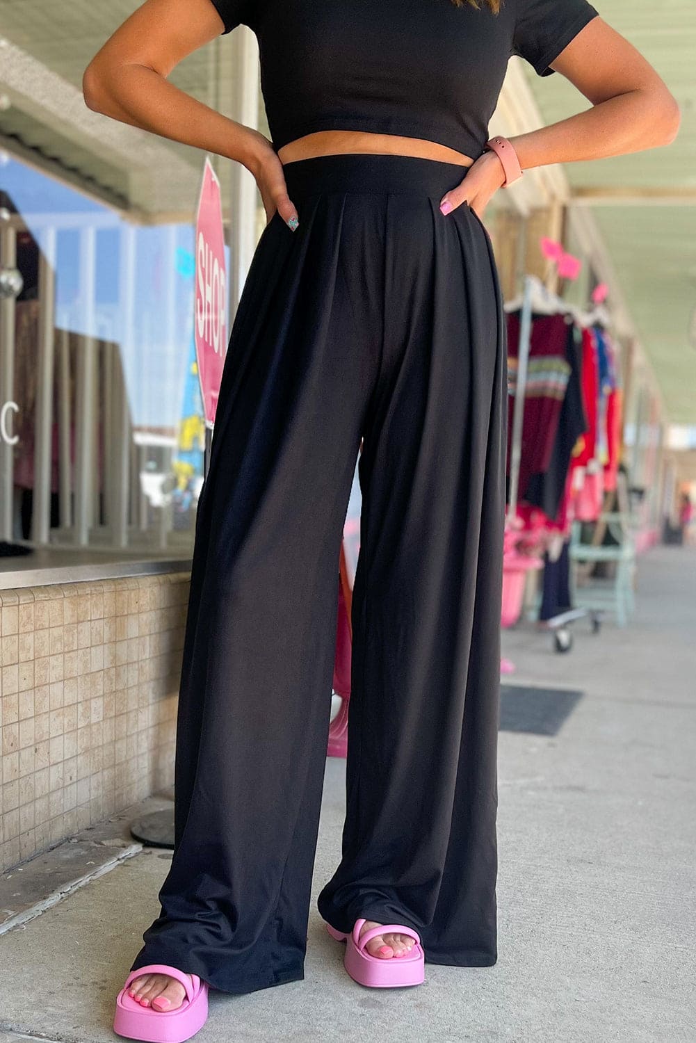 Black Slim Fit Crop Top and Pleated Wide Leg Pants Set 65%Polyester+30%Viscose+5%Elastane Loungewear by Fleurcouture | Fleurcouture