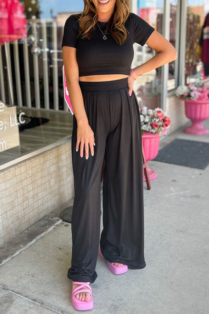 Black Slim Fit Crop Top and Pleated Wide Leg Pants Set Black L 65%Polyester+30%Viscose+5%Elastane Loungewear by Fleurcouture | Fleurcouture