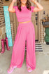 Black Slim Fit Crop Top and Pleated Wide Leg Pants Set Strawberry Pink L 65%Polyester+30%Viscose+5%Elastane Loungewear by Fleurcouture | Fleurcouture