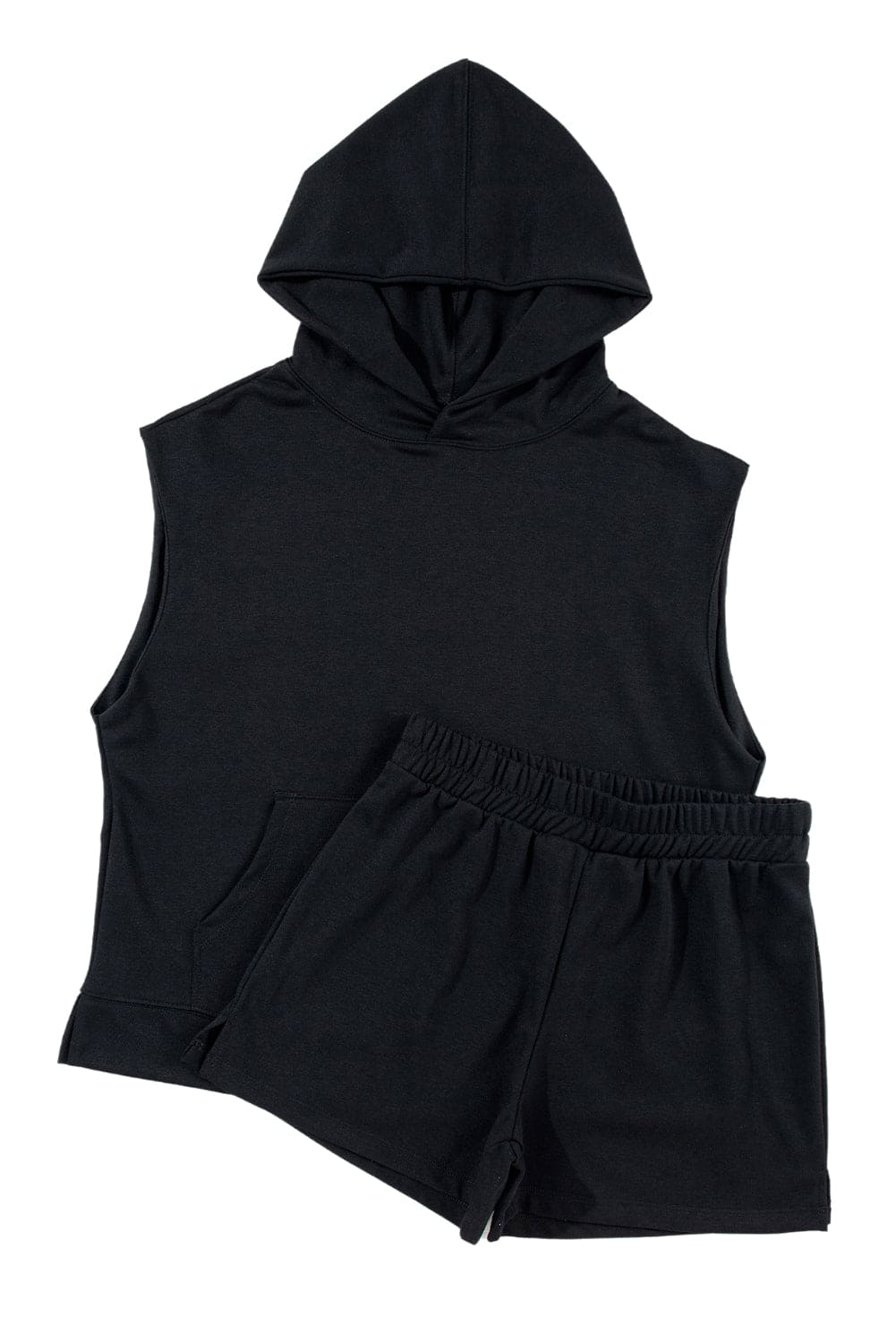 Black Solid Color Sleeveless Hoodie and Shorts Set 80%Polyester+20%Cotton Two Piece Sets by Fleurcouture | Fleurcouture