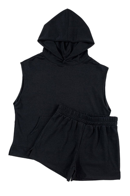Black Solid Color Sleeveless Hoodie and Shorts Set 80%Polyester+20%Cotton Two Piece Sets by Fleurcouture | Fleurcouture