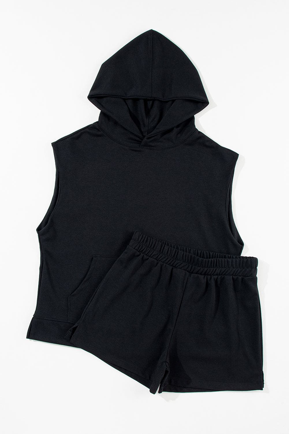 Black Solid Color Sleeveless Hoodie and Shorts Set 80%Polyester+20%Cotton Two Piece Sets by Fleurcouture | Fleurcouture