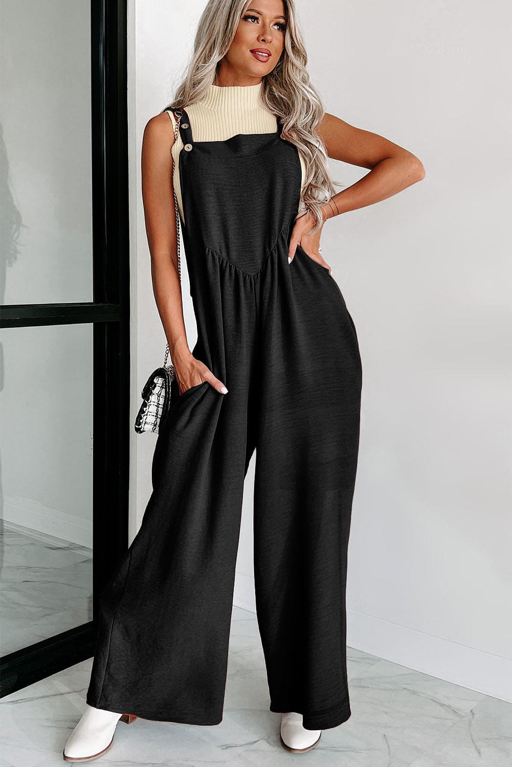 Black Textured Buttoned Straps Ruched Wide Leg Jumpsuit 65%Cotton+33%Polyester+2%Elastane Bottoms by Fleurcouture | Fleurcouture