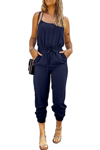 Blue Drawstring Waist Spaghetti Straps Jumpsuit 95%Polyester+5%Elastane Bottoms/Jumpsuits &amp; Rompers by Fleurcouture | Fleurcouture