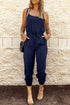 Blue Drawstring Waist Spaghetti Straps Jumpsuit Blue S 95%Polyester+5%Elastane Bottoms/Jumpsuits & Rompers by Fleurcouture | Fleurcouture