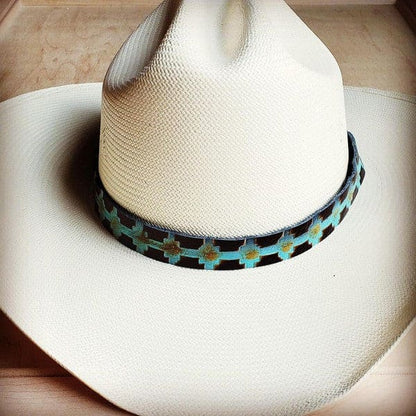 Blue Navajo Embossed Leather Hat Band blue 1 Accessories by The Jewelry Junkie | Fleurcouture