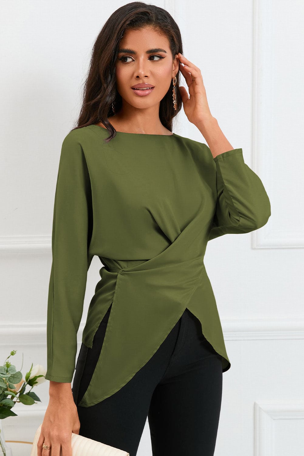 Boat Neck Back Tie Long Sleeve Satin Blouse Matcha Green S Tops by Trendsi | Fleurcouture