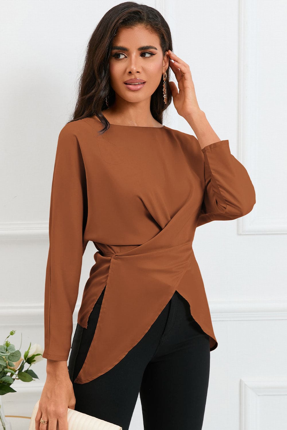 Boat Neck Back Tie Long Sleeve Satin Blouse Ochre S Tops by Trendsi | Fleurcouture