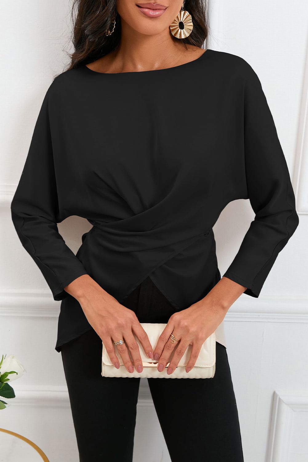 Boat Neck Back Tie Long Sleeve Satin Blouse Tops by Trendsi | Fleurcouture