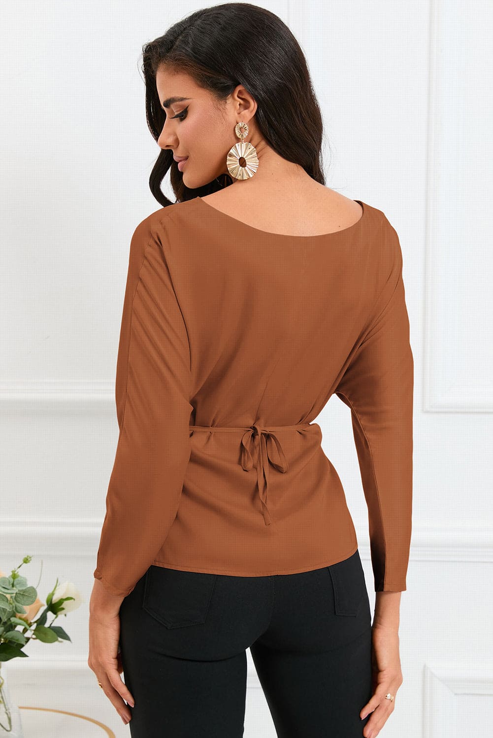 Boat Neck Back Tie Long Sleeve Satin Blouse Tops by Trendsi | Fleurcouture