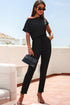 Boat Neck Drawstring Waist Jumpsuit with Pockets Black S Jumpsuits by Trendsi | Fleurcouture