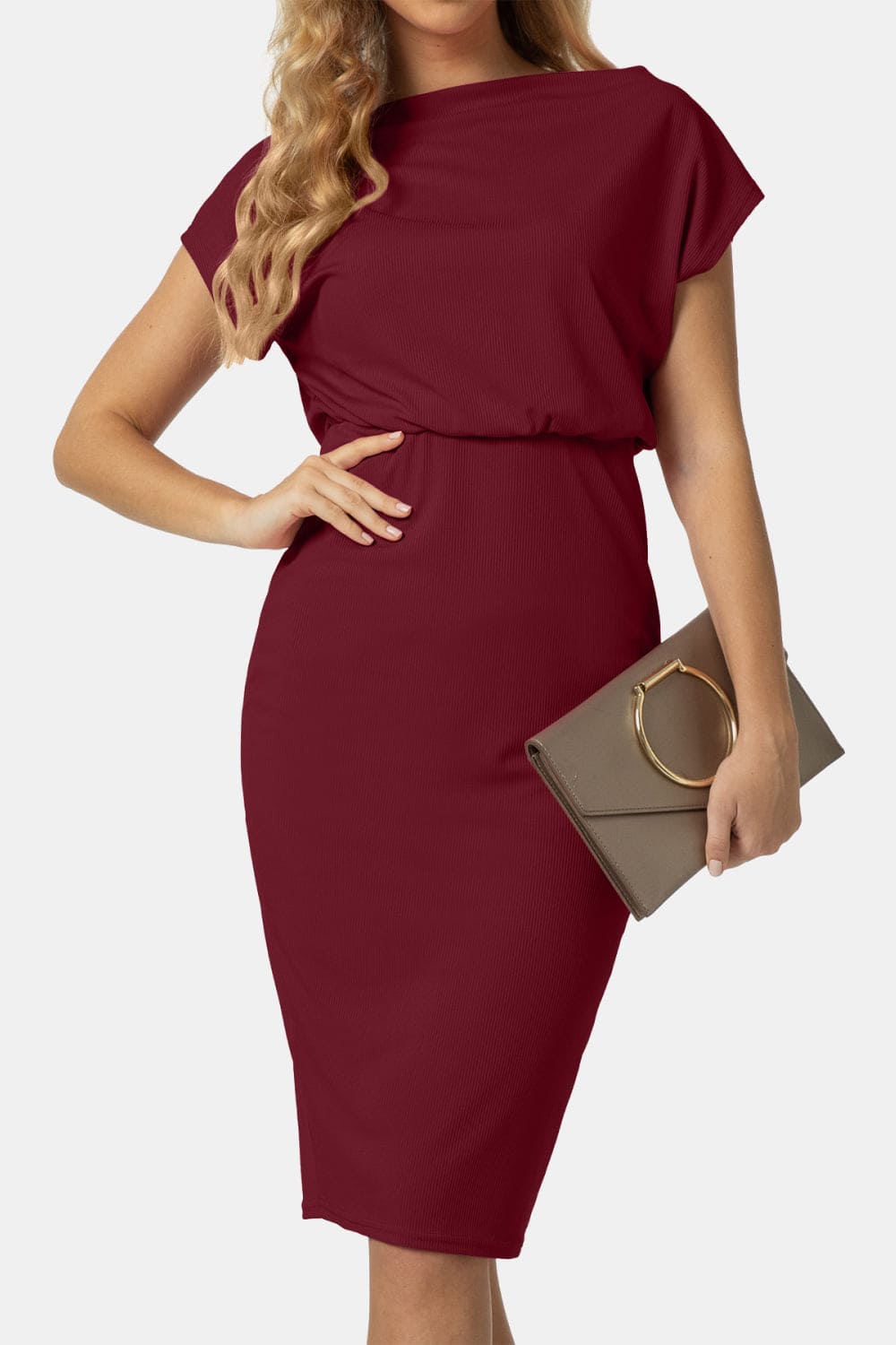 Boat Neck Short Sleeve Knee-Length Dress Wine S Dresses by Trendsi | Fleurcouture