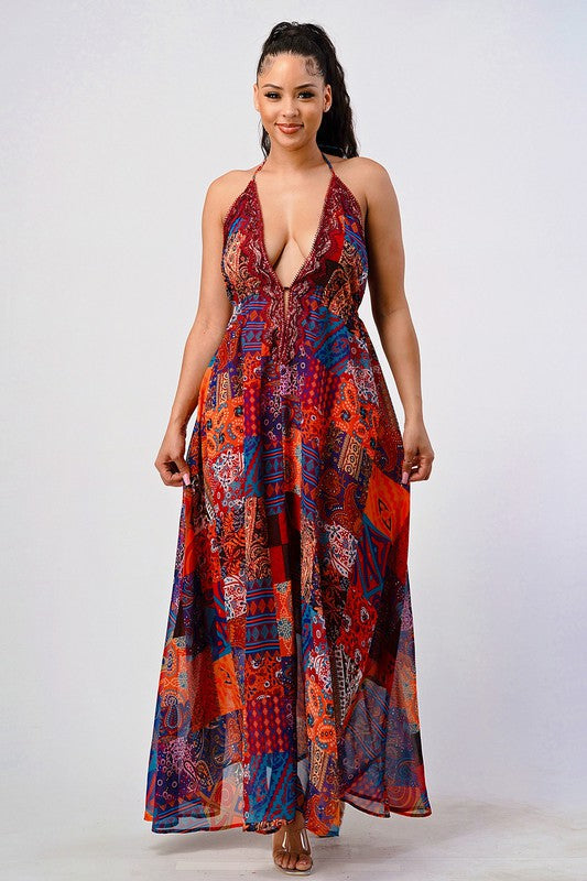 Bohemian print sequin lace trim maxi dress multi by Athina | Fleurcouture