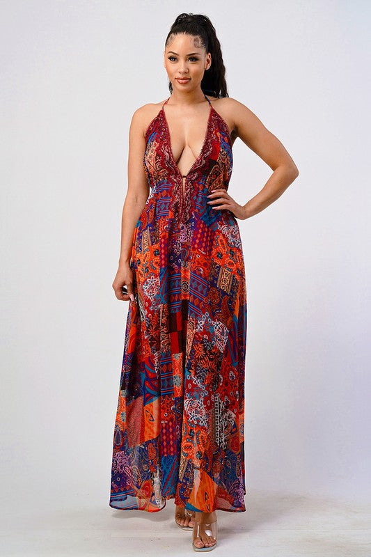 Bohemian print sequin lace trim maxi dress multi by Athina | Fleurcouture