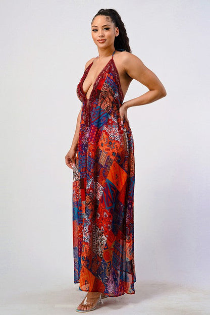 Bohemian print sequin lace trim maxi dress multi by Athina | Fleurcouture