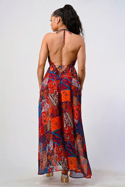 Bohemian print sequin lace trim maxi dress multi by Athina | Fleurcouture