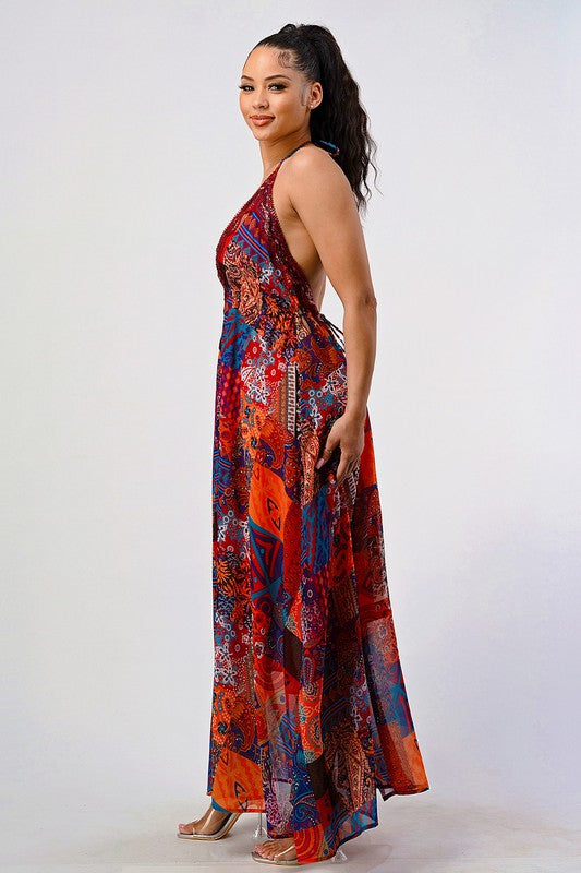 Bohemian print sequin lace trim maxi dress multi by Athina | Fleurcouture