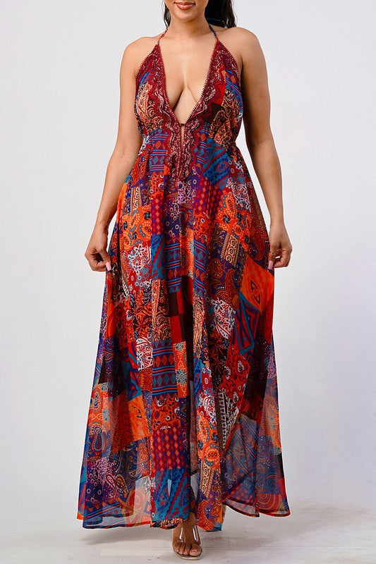 Bohemian print sequin lace trim maxi dress multi S by Athina | Fleurcouture