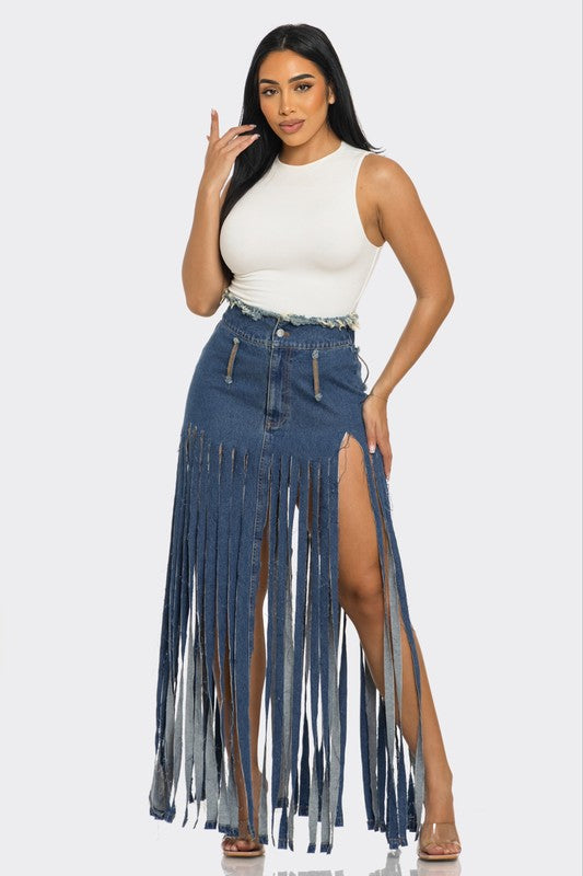 Bohemian Rhapsody Fringe Denim Skirt DENIM by Athina | Fleurcouture