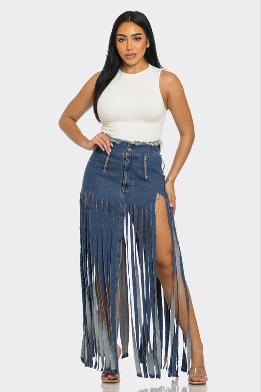 Bohemian Rhapsody Fringe Denim Skirt DENIM by Athina | Fleurcouture