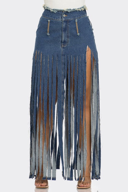 Bohemian Rhapsody Fringe Denim Skirt DENIM by Athina | Fleurcouture