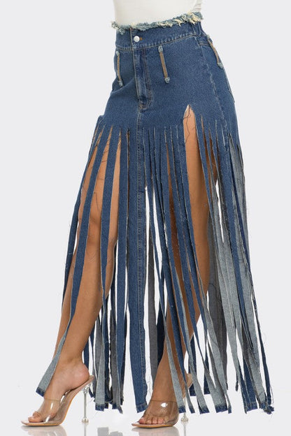 Bohemian Rhapsody Fringe Denim Skirt DENIM by Athina | Fleurcouture