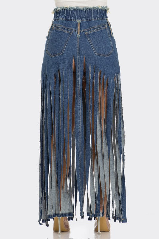 Bohemian Rhapsody Fringe Denim Skirt DENIM by Athina | Fleurcouture