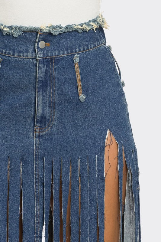 Bohemian Rhapsody Fringe Denim Skirt DENIM by Athina | Fleurcouture