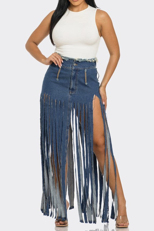 Bohemian Rhapsody Fringe Denim Skirt DENIM S by Athina | Fleurcouture