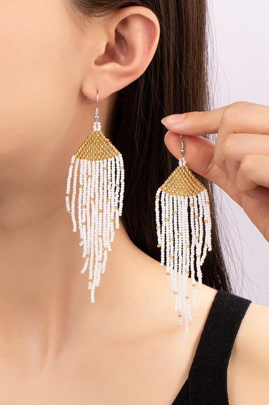 Boho long Handwoven seed bead eagle earrings Cream one size by LA3accessories | Fleurcouture