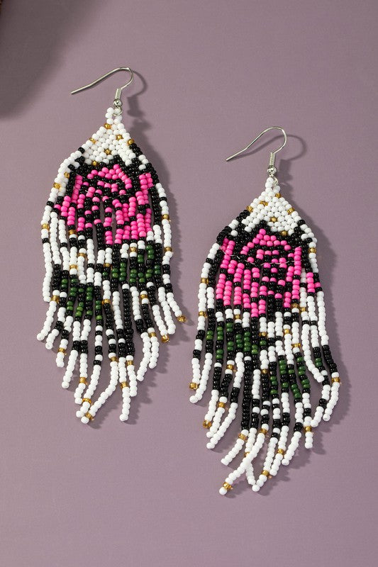 Boho long Handwoven seed bead flower earrings Fuschia one size by LA3accessories | Fleurcouture