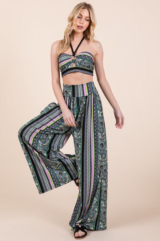 Boho. Print Wide Leg Pants with Pockets Boho Print Bottoms by Orange Farm Clothing | Fleurcouture