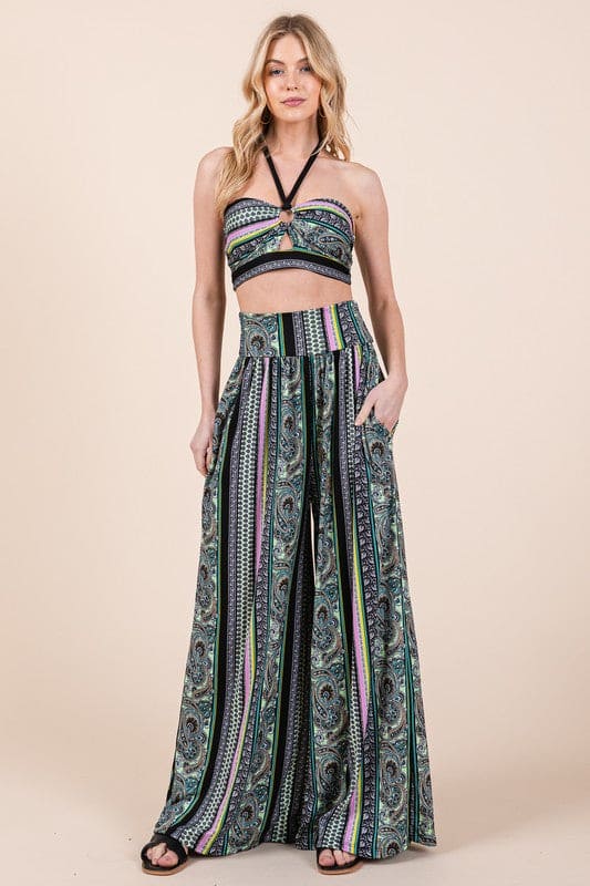 Boho. Print Wide Leg Pants with Pockets Boho Print S Bottoms by Orange Farm Clothing | Fleurcouture