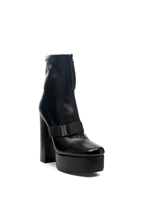 BOOMER CHUNKY HIGH BLOCK HEEL BOOTS BLACK PU 9 by Rag Company | Fleurcouture